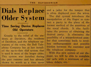 davidsonian article with the heading, "Dials Replace Older System"