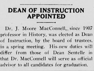 Davidsonian article announcing the first dean of instruction with the heading, "Dean of Instruction Appointed"