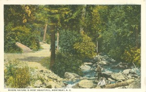 A postcard of a scenic view of North Carolina mountains, look closely for the hikers captioned, "WHERE NATURE IS MOST BEAUTIFUL, MONTREAT, N.C."