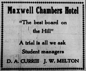 Ad in Davidsonian for a eating club with student managers with the heading, "Maxwell Chambers Hotel "The best Board on the Hill""