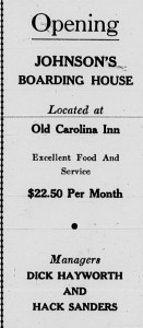 1934 ad for student boarding saying, "Opening" for Johnson's Boarding House