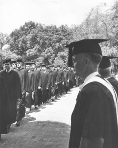 commencement procession, Class of 1958 walking past faculty into Chambers building.