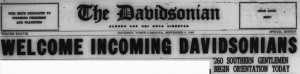 Davidsonian headline welcoming the class of 1953, "Welcome Incoming Davidsonians"