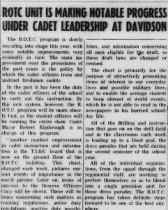 Davidsonian article describing new ROTC student leadership with the headline, "ROTC Unit is Making Notable Progress Under Cadet Leadership at Davidson"