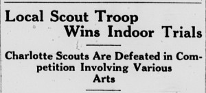 Headline from 23 March 1932 Davidsonian, "Local Scout Troop Wins Indoor Trials"