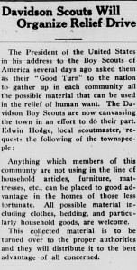 28 February 1934 article with the headline, "Davidson Scouts Will Organize Relief Drive"