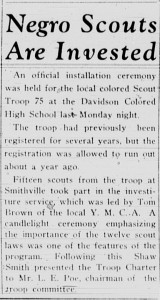 8 May 1941 Davidsonian article with the heading, "Negro Scouts Are Invested"