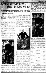 Charlotte Observer article recounting the 1913 Thanksgiving day game with the headline, "Davidson Defeats Wake Forest By Score of 6 to 0"