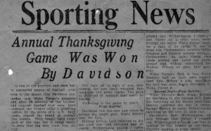 Headline from Sporting News, November 28, 1913 with the headline, "Annual Thanksgiving Game Was Won By Davidson"