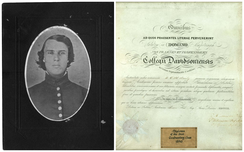 A young E. Constantine Davidson, one of the those eleven graduates in 1840, and the diploma of Oni Davis McNeely (Class of 1840), currently on display in the Library's Davidsoniana Room