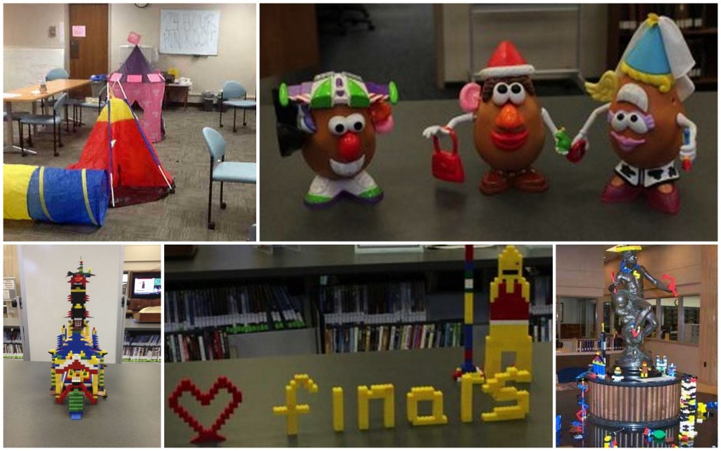 Tents in the 24 hours study room, Potato Heads, and various Lego creations from previous semesters