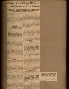 First page of Harper's scrapbook, a newspaper article with the headline, "College Year Closes With Memories of Past Events"