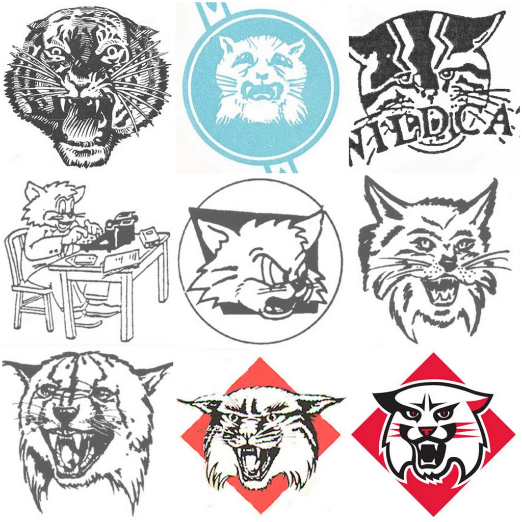 The mascot logos for Davidson throughout the years: Top row, left to right: 1920s, 1930s, and 1940s. Middle row: 1950s, 1960s, and 1970s. Bottom row: 1980s, 1990s, and 2000s.