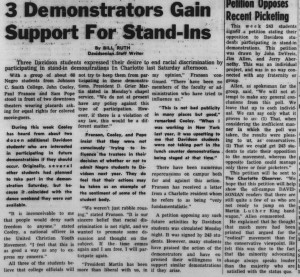 Davidsonian articles reflect campus divisions in 1961 with the headlines, "3 Demonstrators Gain Support For Stand-Ins" and "Petition Opposes Recent Picketing"