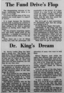 1968 Editorials on the failed gift fund and MLK's death with the headlines, "The Fund Drive's Flop" and "Dr. King's Dream"