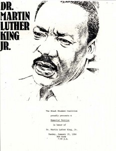 1984 Flyer for Black Student Coalition service with a sketch of Dr. Martin Luther King Jr. on it