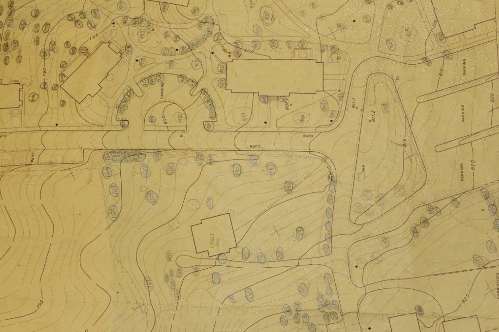 1983-84 campus map, with the locations of shrubs marked