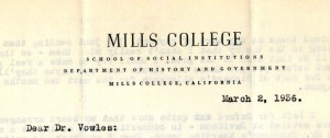 Letterhead from Mills College where Rusk is teaching Political Science in 1936