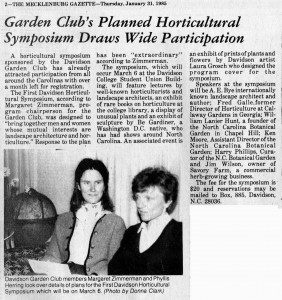 Mecklenburg Gazette article on the first symposium with the headline, "Garden Club's Planned Horticultral Symposium Draws Wide Participation"