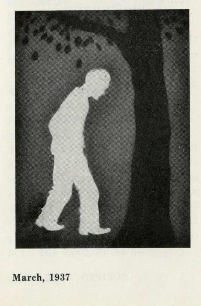 "Spring Sorrow" by Hugh Stone, a white shadow of a man standing under a dark tree