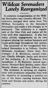 Article from 9 February 1928 Davidsonian announcing the change from Wildcat to Sunnyland with the headline, "Wildcat Serenaders Lately Reorganized"