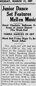 Davidsonian article from 17 March 1937 with the headline, "Junior Dance Set Features Mellen Music"