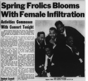 15 April 1966 Davidsonian noting "combo party" held at the Lake Campus, the headline, "Spring Frolics Blooms With Femal Infiltration"