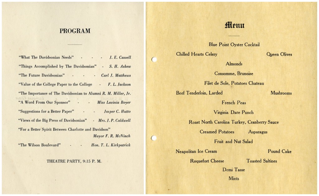 Davidson banquet itinerary 1920, a program and a menu