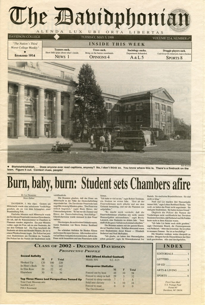 Front page of The Davidphonian, "The Nation's Third Worst College Weekly," published May 5, 1998. The main headline, "Burn, baby, burn: Student sets Chambers afire"