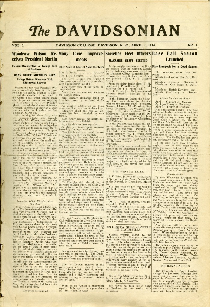 The front page of the first issue of The Davidsonian - April 1, 1914