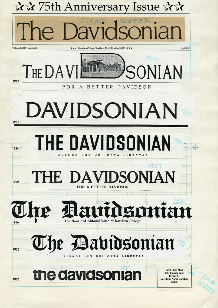 Front page layout for the April 1989 75th anniversary of the Davidsonian