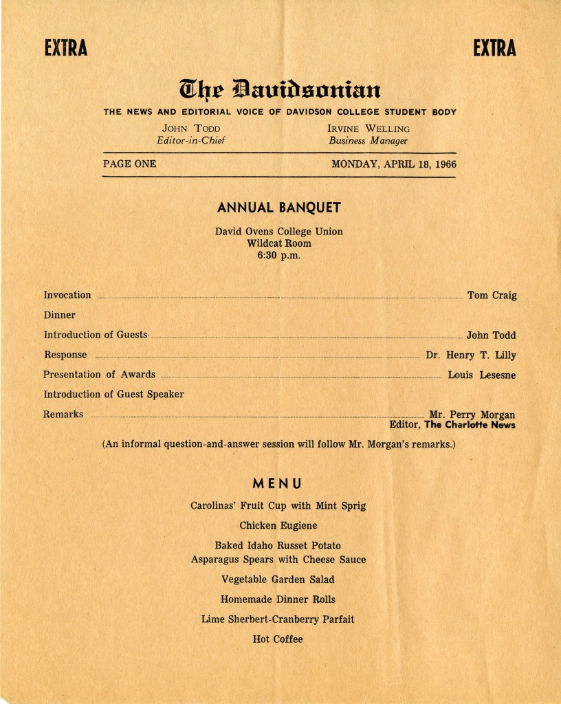 The 1966 Davidsonian banquet itinerary