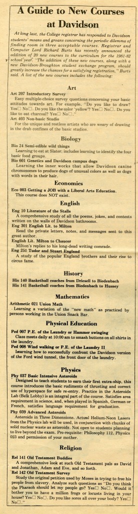 This column appeared in The Devoidsonian, vol. 666, no. ∞, published "Post-Trustee" (based on the content of the articles, this was most likely sometime between 1978 and 1983), titled, "A Guide to New Courses at Davidson"