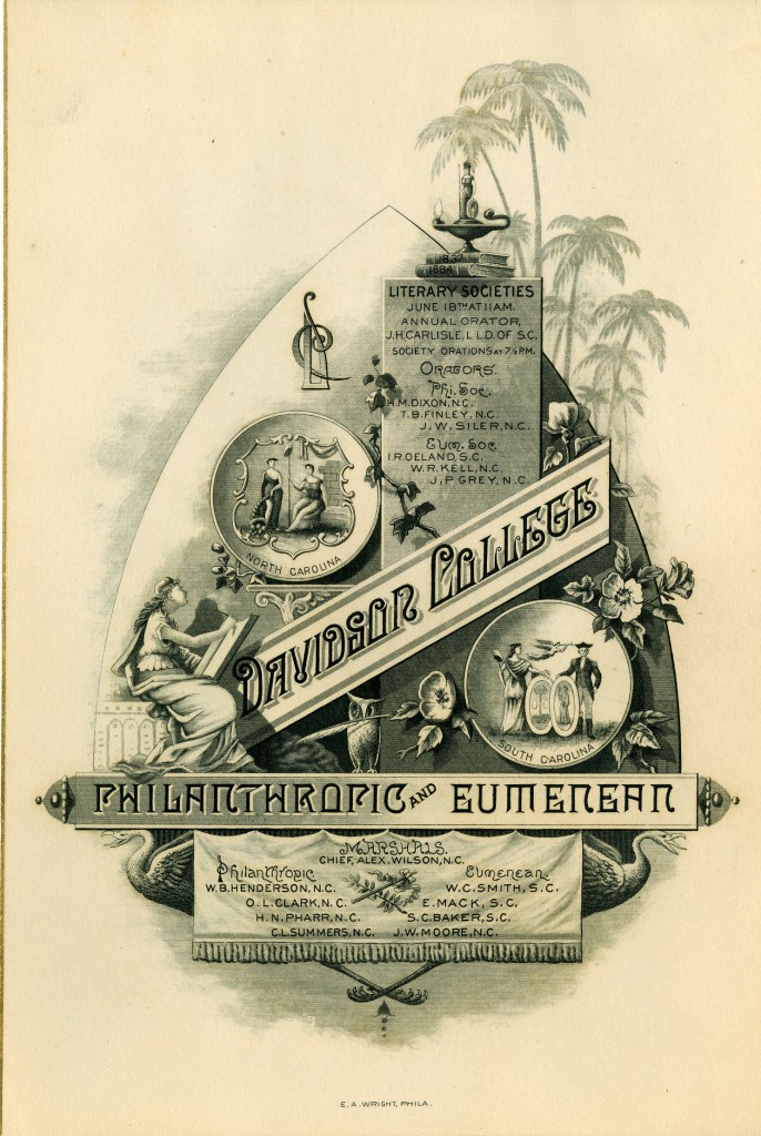 This 1884 commencement invitation features versions of the state seals of North and South Carolina, as well as some recurring themes, such as palm trees, an oil lamp, and an owl.