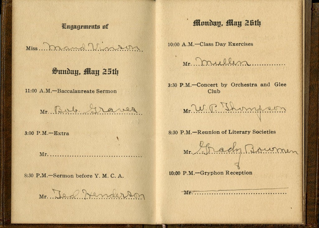 The interior of Miss Vinson's commencement activities booklet - Davidson gentleman would sign up to squire the female visitors to the various commencement week activities.