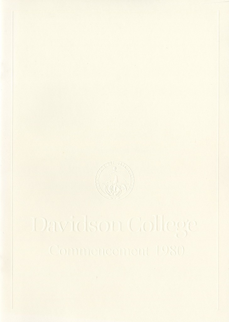 Like commencement invitations, the cover design of the program has also remained fairly static, in this case since the late 1950s. This white-on-white embossed cover is from 1980.