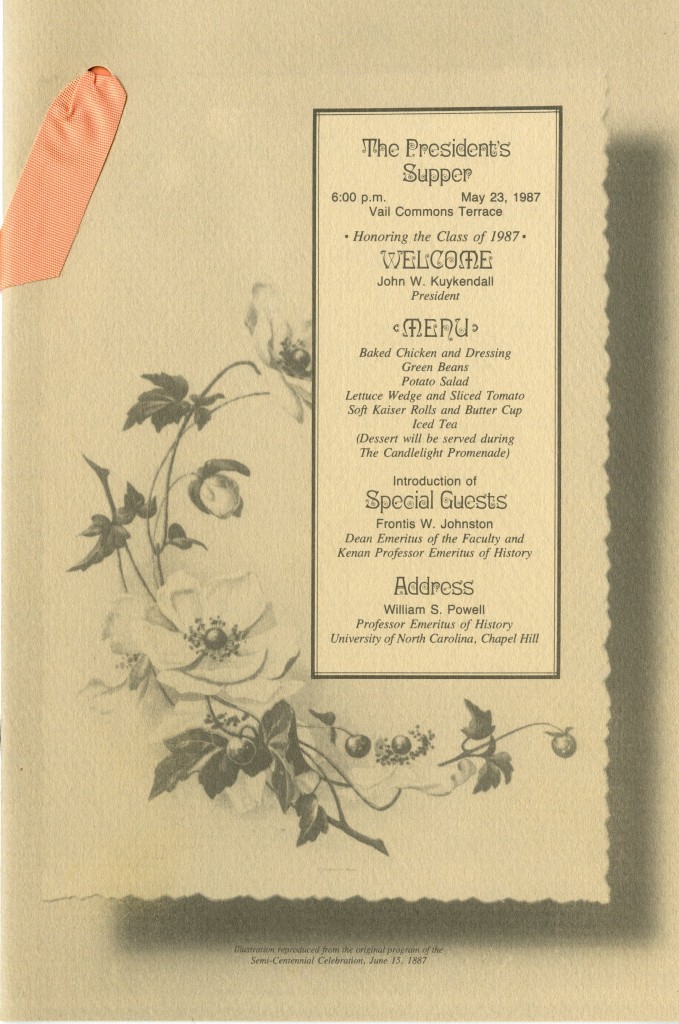 1987 was Davidson's sesquicentennial year, and the cover for the President's Supper evokes earlier commencement publications. 