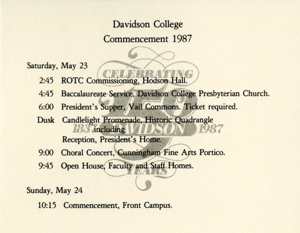 By the mid twentieth century, Davidson's commencement invitations included a small card with the schedule of events printed on it. This example from 1987 includes the sesquicentennial logo designed by Burkey Belser (class of 1969)