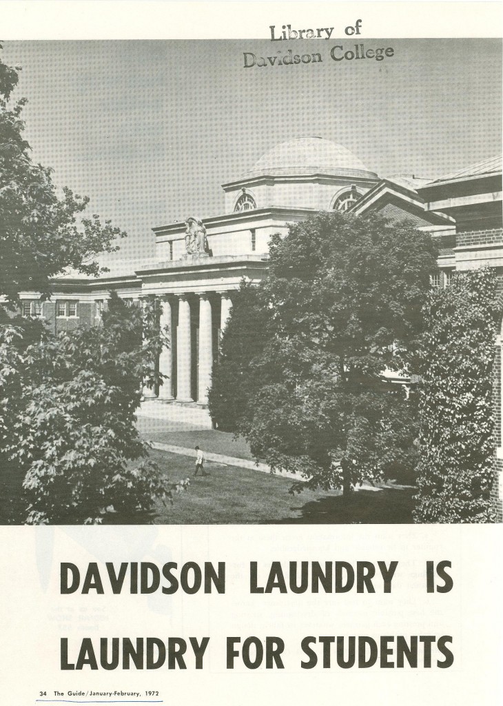 A flyer saying "Davidson Laundry is Laundry For Students," 1972.