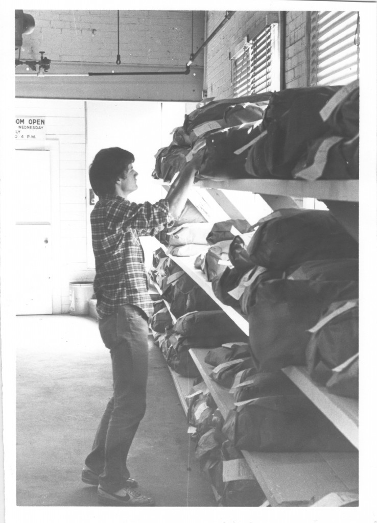 A student picks up laundry, 1980.