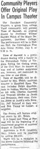 Mecklenburg Gazette article on first DCP production in July 1965 with the headline, "Community Players Offer Original Play In Campus Theater"