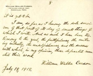 Last page of Professor William Carson's letter written to Cornelia Shaw