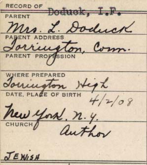 Transcript form showing church affiliation for Isadore Doduck - Davidson's first Jewish student