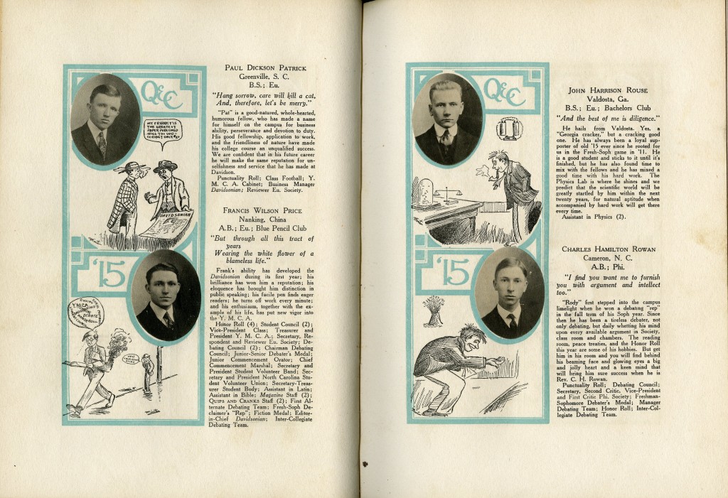 Senior student profiles in the 1915 Quips and Cranks of: Paul Dickson Patrick, Francis Wilson Price, John Harrison Rouse, and Charles Hamilton Rowan