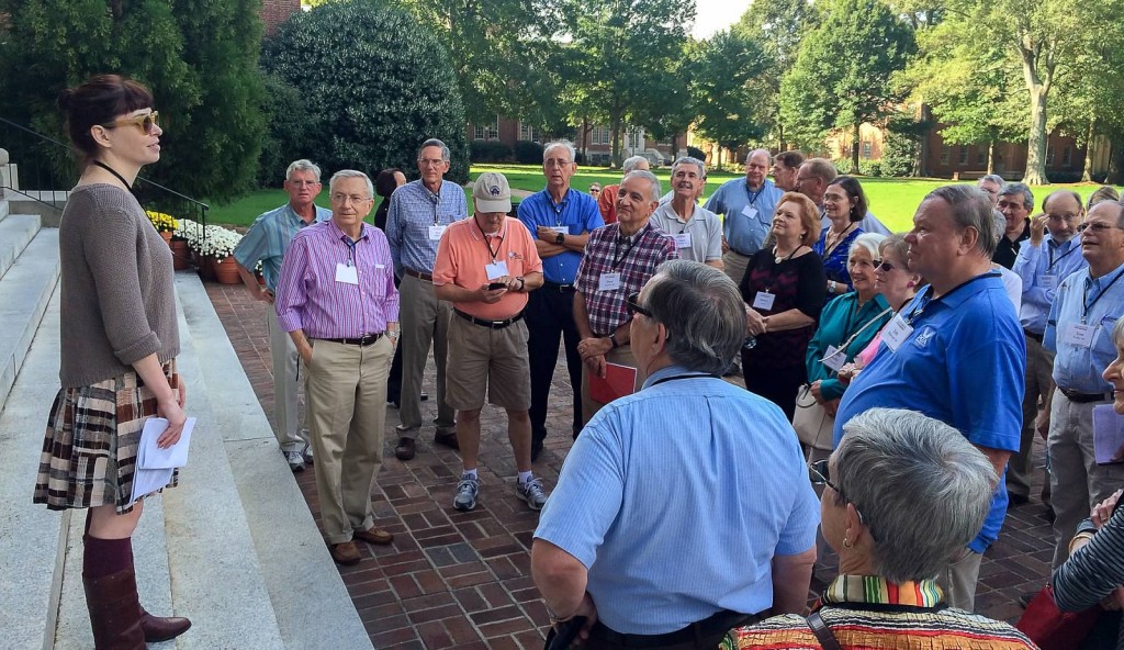 Pi Kappa Phi Epsilon chapter alumni (class of 1962-69) listen to an overview of what's changed on front campus in the last 50 years.