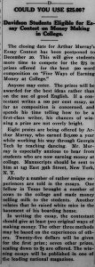 Article on essay contest with the heading, "Could You Use $25.00? Davidson Students Eligible for Essay Contest on Money Making in College"