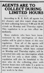 1928 article announcing new campus rules for student acting as agents for dry cleaners and shoe repairs with the heading, "Agents Are to Collect During Limited Hours"