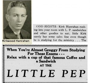 An images of K. L. Hanrahan, '35. Text from an article, "ODD SIGHTS: Kirk Hanrahan rushing into your room with L.P. sandwiches and other goodies to eat; little Kirk surely has some sales line even though he is studying for the ministry...."