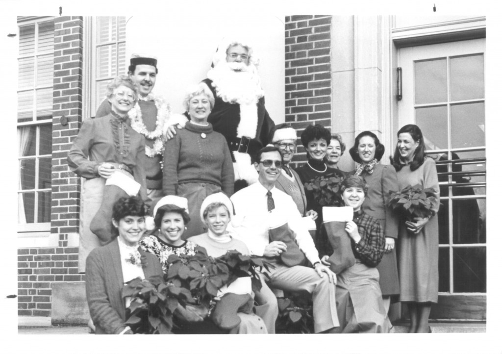 The Admissions Department Christmas card, taken outside Chambers Building, 1987. 