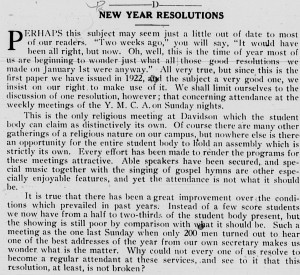 January 13, 1922 Davidsonian editoral with the heading, "New Year Resolutions"